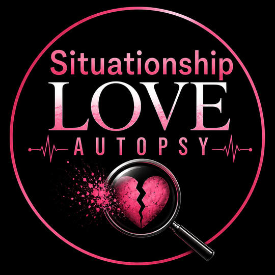 Situationship Love Autopsy logo with magnifying glass and broken heart.